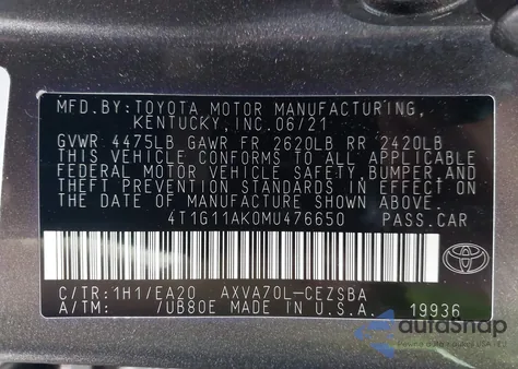 2021 Toyota Camry Se from USA, damaged, VIN 4T1G11AK0MU476650